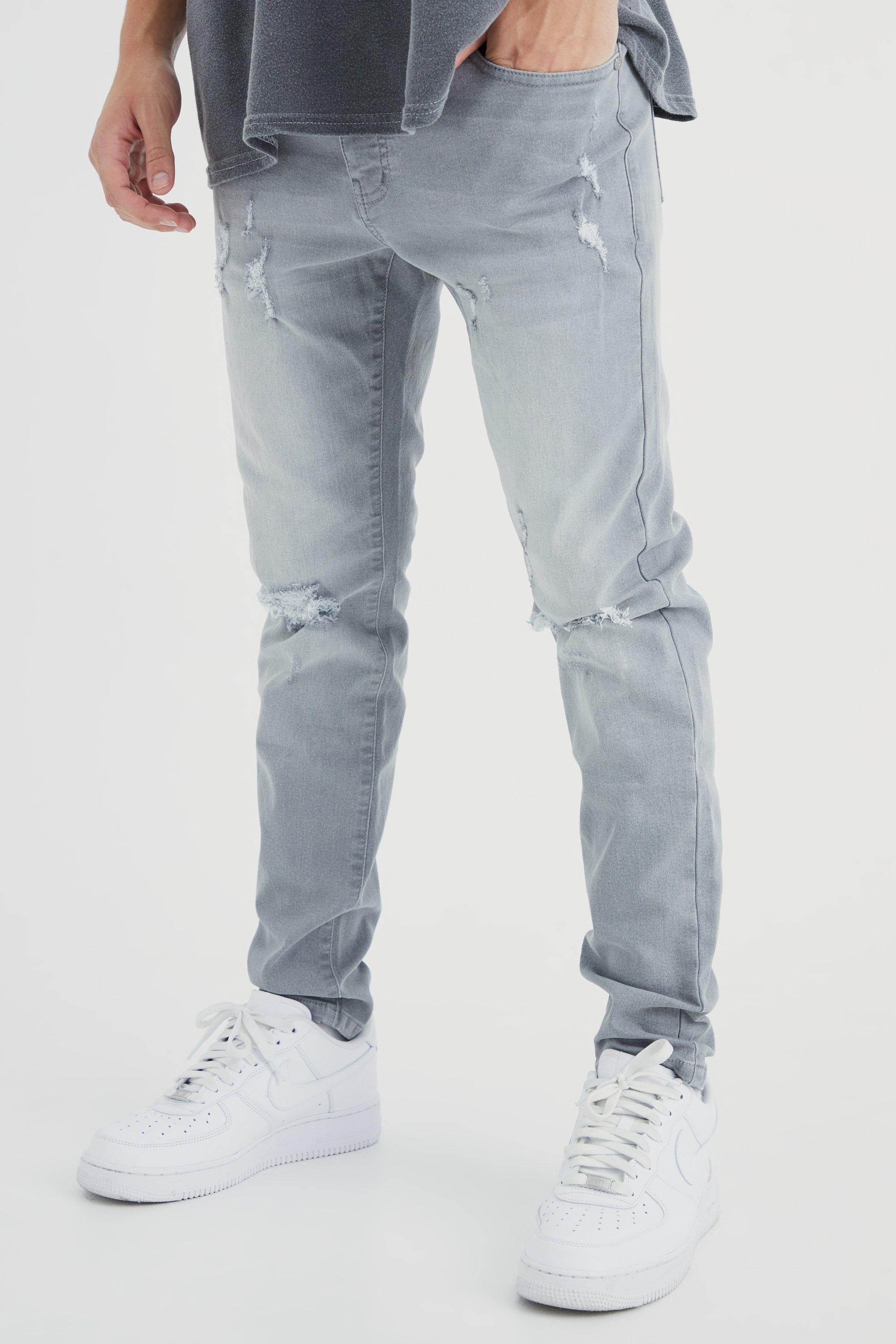 Mens Grey Skinny Stretch Extreme Knee Rip Jeans, Grey